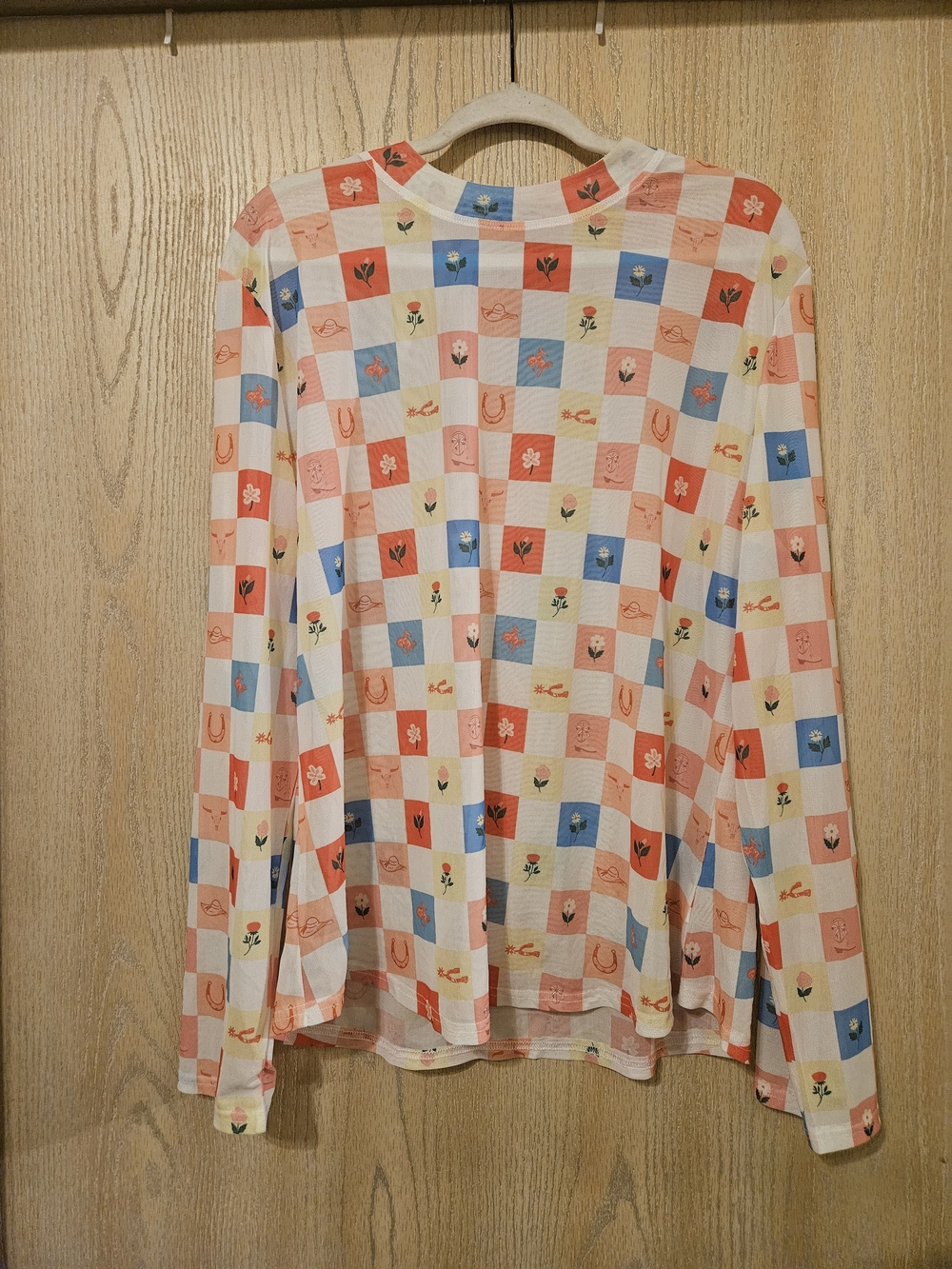 Lucky & Blessed Peach Multi Check Floral Long Sleeve Top